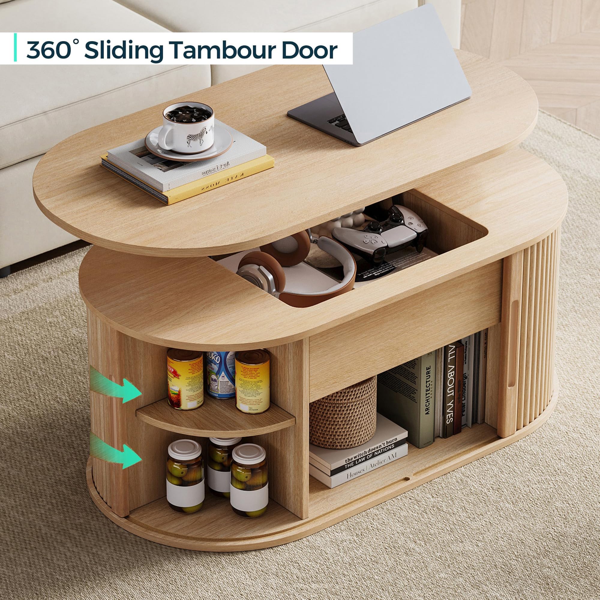 LINSY Lift Top Coffee Table, Oval Fluted Coffee Table with Storage, Boho Wooden — product photo