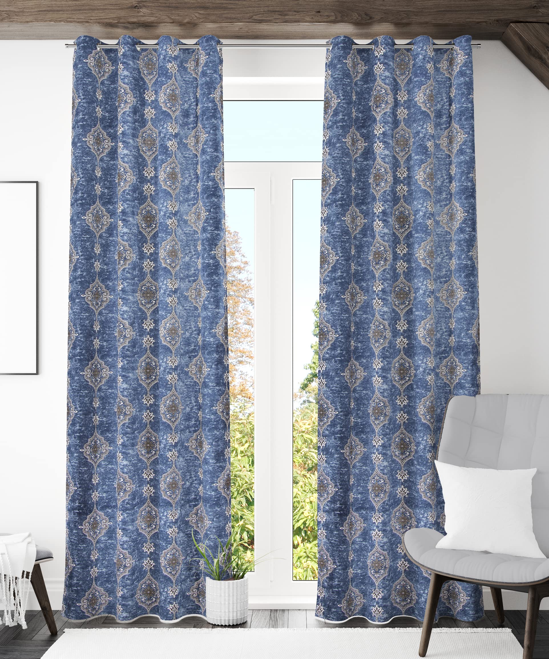 Dark Blue, REDECOR Classic Printed Curtain (Pack of 2, Door - 7FT)