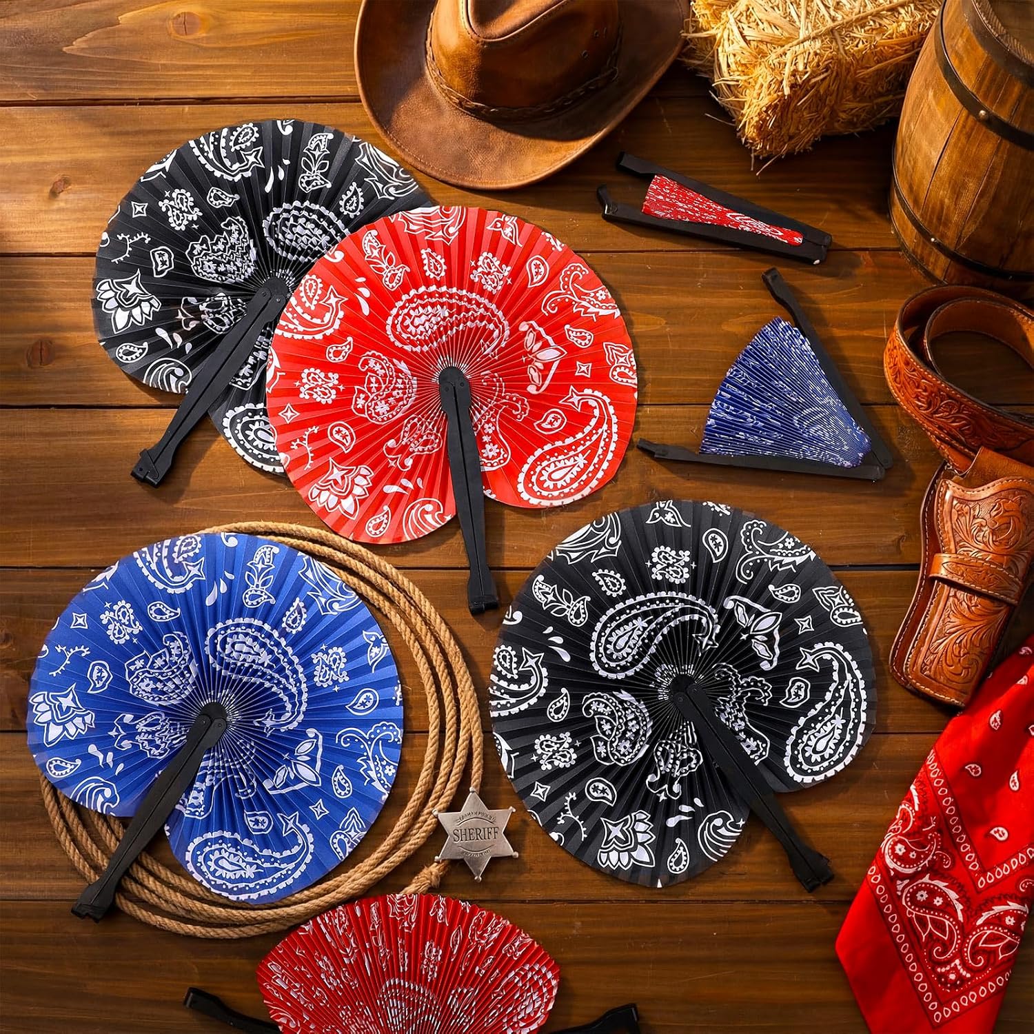 Threehoney 36 Pcs Western Party Paper Fans Decorations Wild West Paisley Bandana Foldable Paper Fans Country Western Texas Party Decorations for Cowboy Cowgirl Parties Favors and Decor