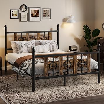 CABIHOME Metal Bed Frame with with Headboard and Footboard, Vintage Industrial Circular Design Bed Frame No Box Spring Required, Heavy Duty Steel Slat Noise-Free, Easy Assembly