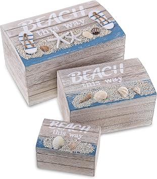 Aqua Sky Wooden Beach Jewelry Box, 3 Pcs Set - Handcrafted Nautical Box with Seashells Decorations, Tabletop Home Decor, Sea Shell Jewelry Storage Organizer Set