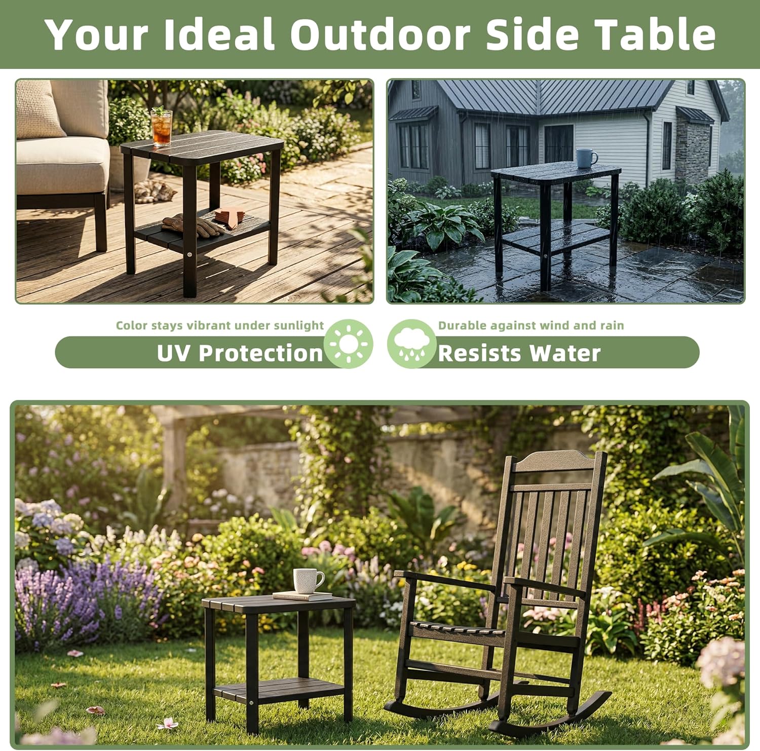 Outdoor Side Table, 2-Tier Small Table, Weather Resistant Outdoor End Tables, Patio Furniture for Garden, Porch, Pool, Lawn, Backyard or Indoor Bedroom