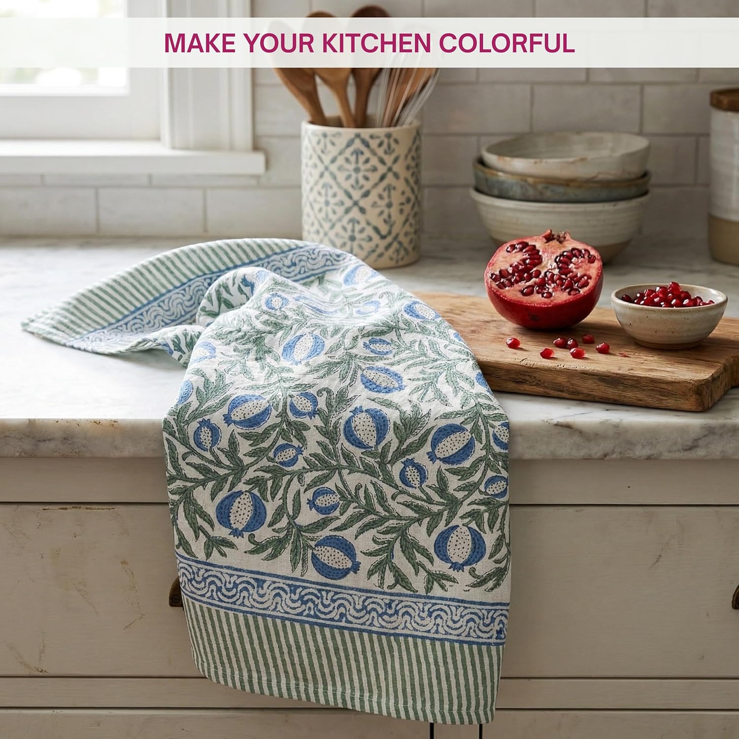 ATOSII 100% Cotton Hand Block Print Waffle Kitchen Towel, Set of 3, 18 x 26 Inches Ultra Absorbent Quick Dry Dish Towels, Lightweight Reusable Sustainable Tea Towels for Cleaning and Drying, Anar Blue