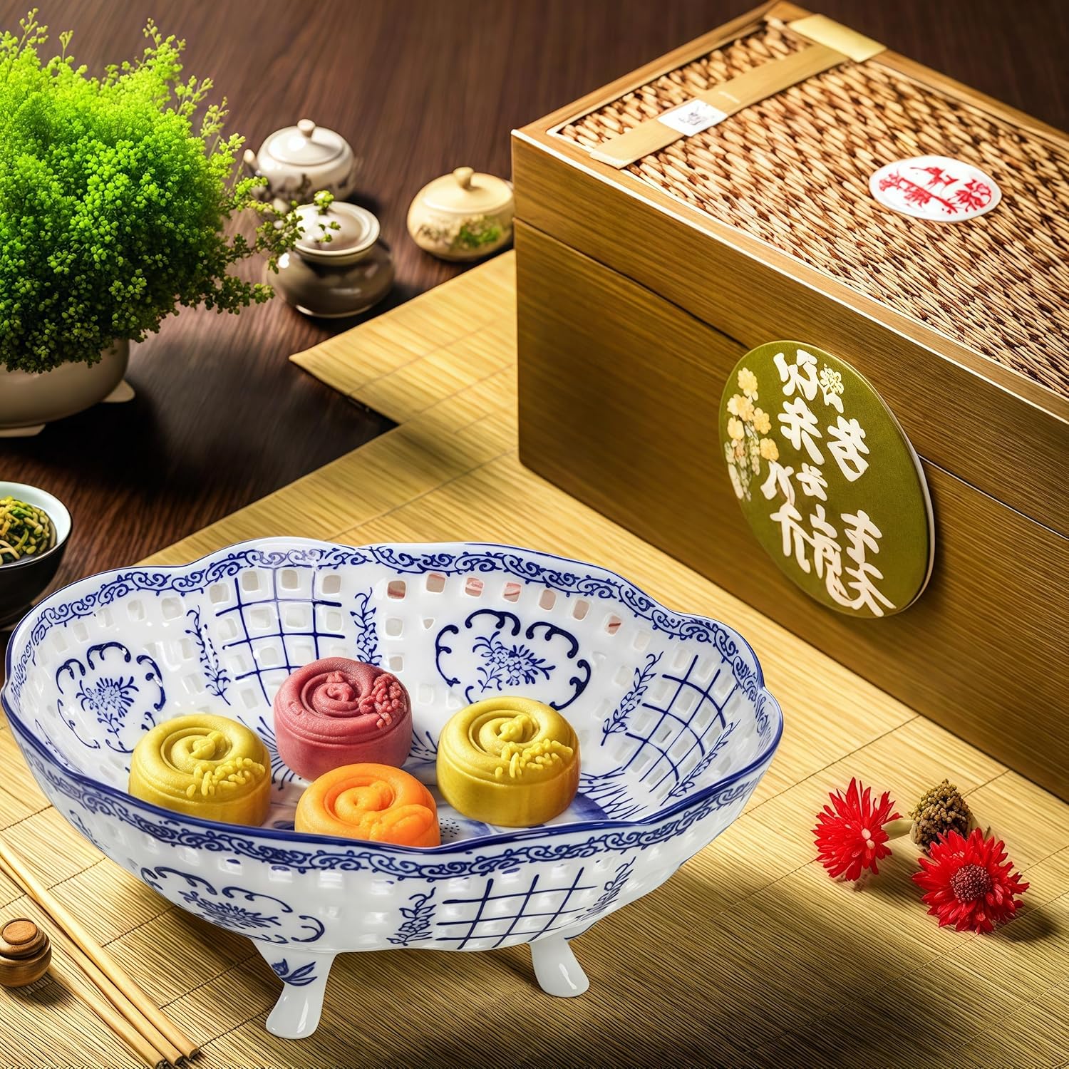 10 Inch Ceramic Fruit Bowl, Blue and White Porcelain Pedestal Fruit Basket, Chinoiserie Decorative Vegetable Holder with Drainage Hole for Kitchen Counter Veggies, Candy, Cookie, Cake