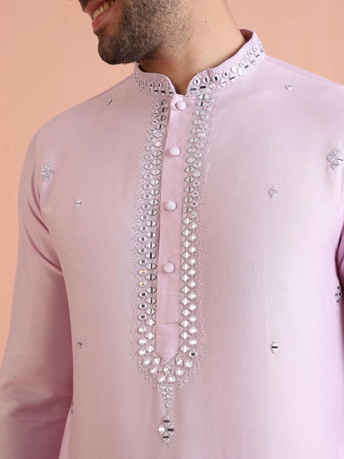 KISAH Men's Kurta – Mirror Work Embroidery Cotton Blend Tunic with Mandarin Collar, Regular Fit – Indian Wedding Outfit for Men – Festive Wear for Diwali, Eid & Celebrations, Lilac, 44