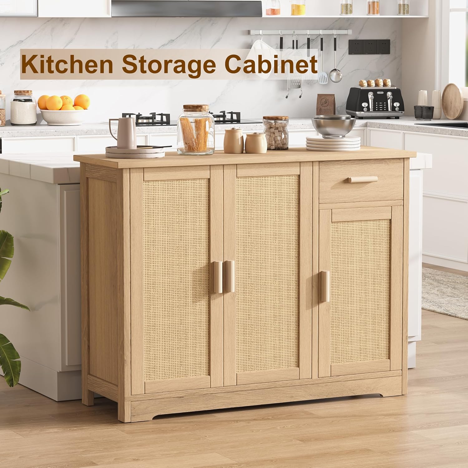 Buffet Cabinet with Storage, Rattan Storage Cabinet with 3 Doors & Drawer, Accent Kitchen Sideboard with Adjustable Shelves, Coffee Bar Cabinet for Living Room, Entryway, Natural Oak