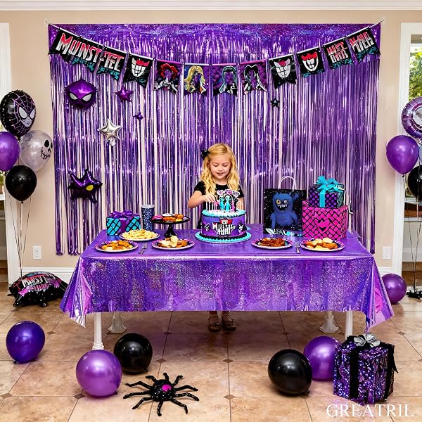 GREATRIL Nappe Violet Anniversaire - Nappe Rectangulaire Foil Brillant Jetable Fête Décoration pour Kpop Chat Fille Halloween Disco Papillons Vampires Espace Enfant Décoration - 3