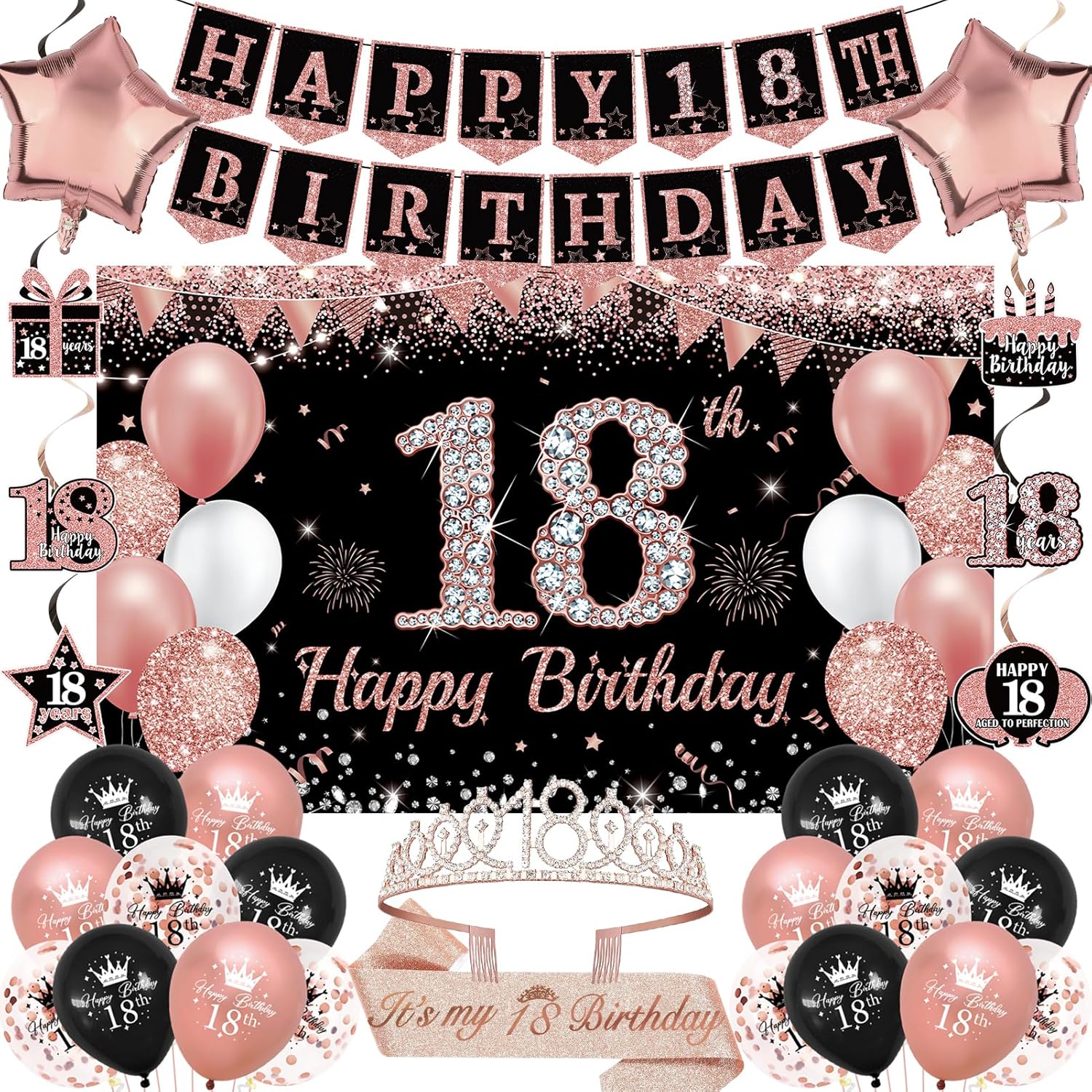 Trgowaul 18th Birthday Decorations for Girls, 30pcs Black Rose Gold Happy Birthday Party Supplies, 18th Crown and Sash, Banner, Hanging Swirl Flag, Balloons, 18 Year Old Party Decorations Kit