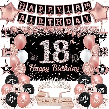 Trgowaul 18 عيد ميلاد زينة للفتيات، 30 قطع أسود روز الذهب عيد ميلاد سعيد لوازم الحزب، 18 التاج والوشاح، راية، شنقا دوامة العلم، البالونات، 18 سنة زينة الحزب القديم كيت