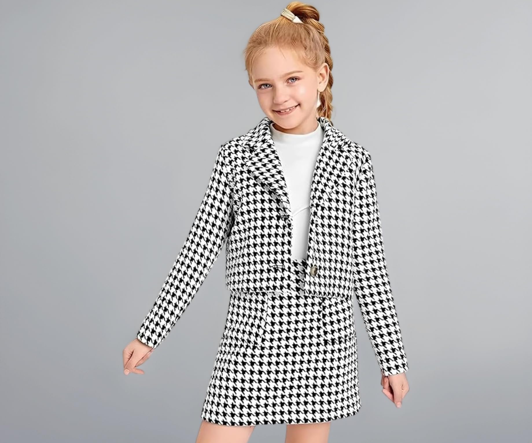 Kid Girl's Cotton Blend Printed Lightweight Sleeveless T-Shirt with Full Sleeve Blazer & Skirt Stylish 3-Piece Set Pull-Up Design for Casual & All Season Modern Indian-Western Blend