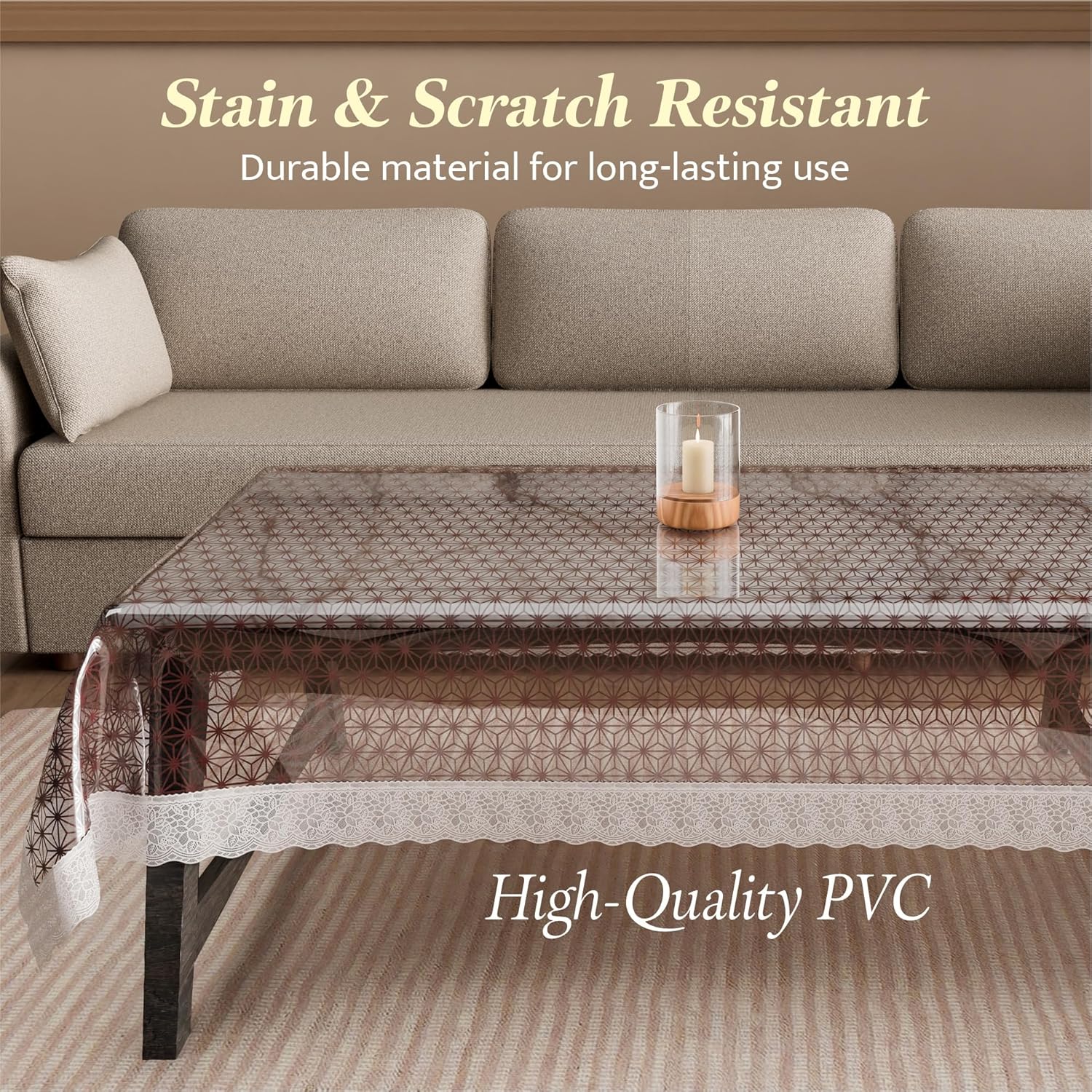 Kuber Industries 4 Seater PVC Tablecloth for Dining Table Multipurpose Table Cover for Parties & Events 40 x 60 Inch Star Print Brown