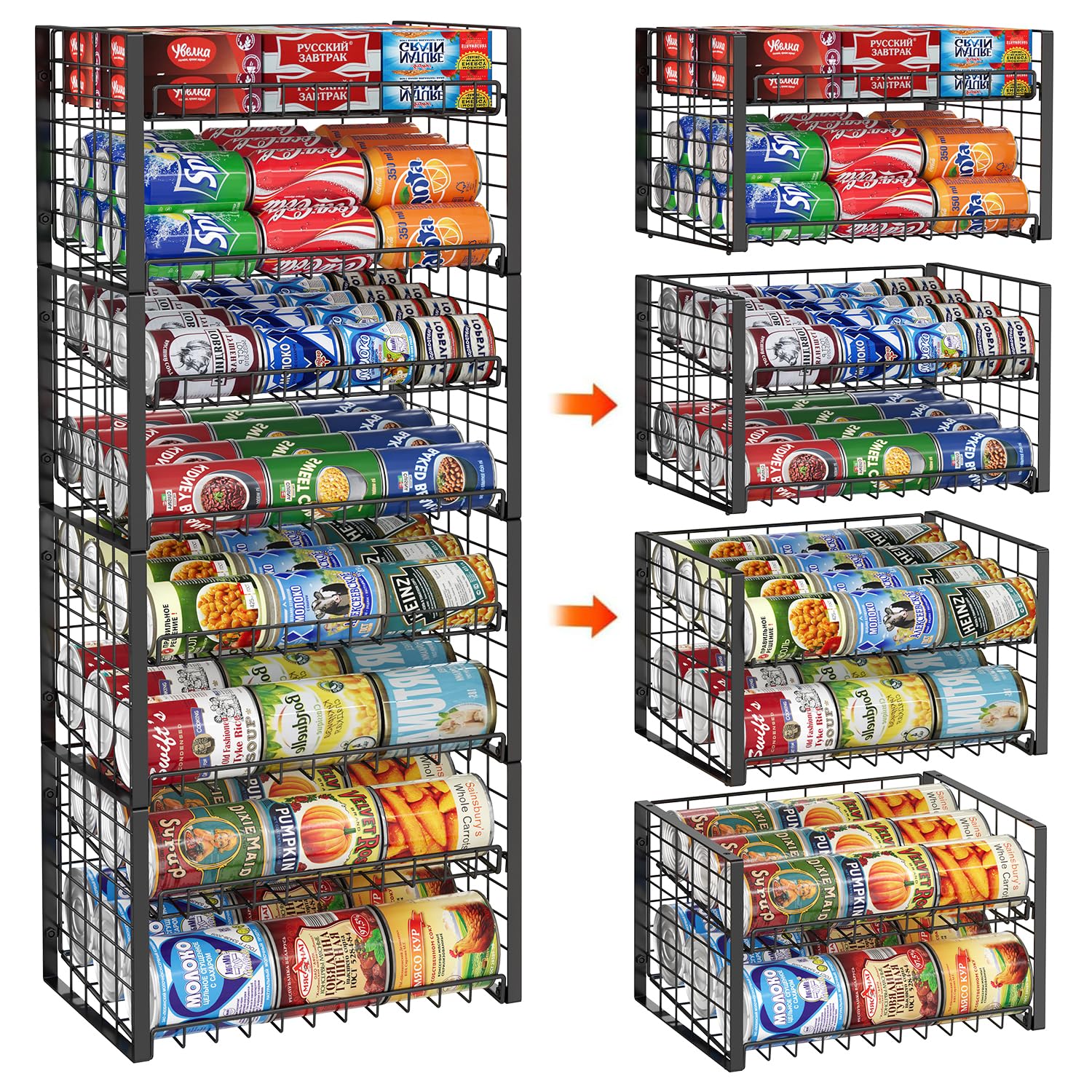JKsmart 2-Tier Stackable Rack Organizer for Pantry, Adjustable Dispenser &amp; Large Capacity Can Storage Holder for Various Ounces of Canned Drinks, Black, 4 Pack