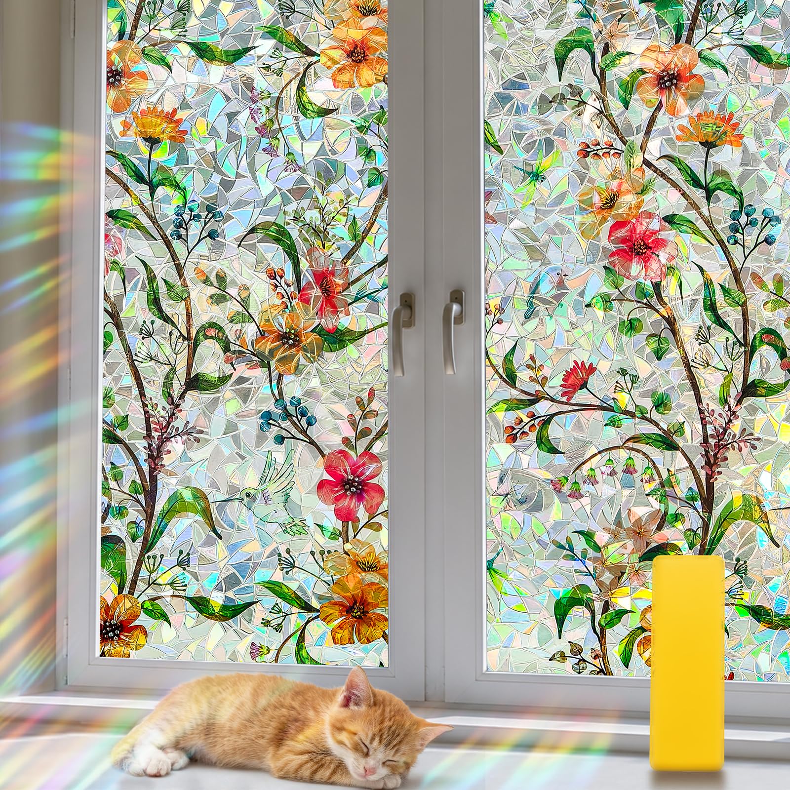 Weeoley Rainbow Stained Glass Window Film Privacy Floral Pattern 59.5x200cm — image 1