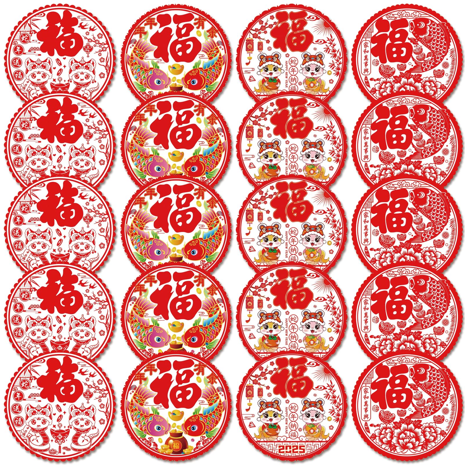 20Pcs Chinese New Year Decorations Window Stickers, 2025 Year of The Snake Red Lunar Clings Blessing FU Characters Removable Adhesive Art PVC Decals Party Supply Spring Festival Home Restaurant Store