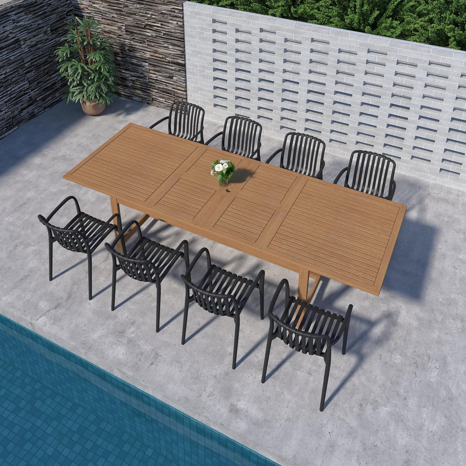 Urban Elements Frida Rectangular Extendable Patio Furniture Set | 100% Certified Teak Finish | Backyard Furniture, Outside Table and Chairs, Rectangular Outdoor Dining Set (Black, 9-Piece)