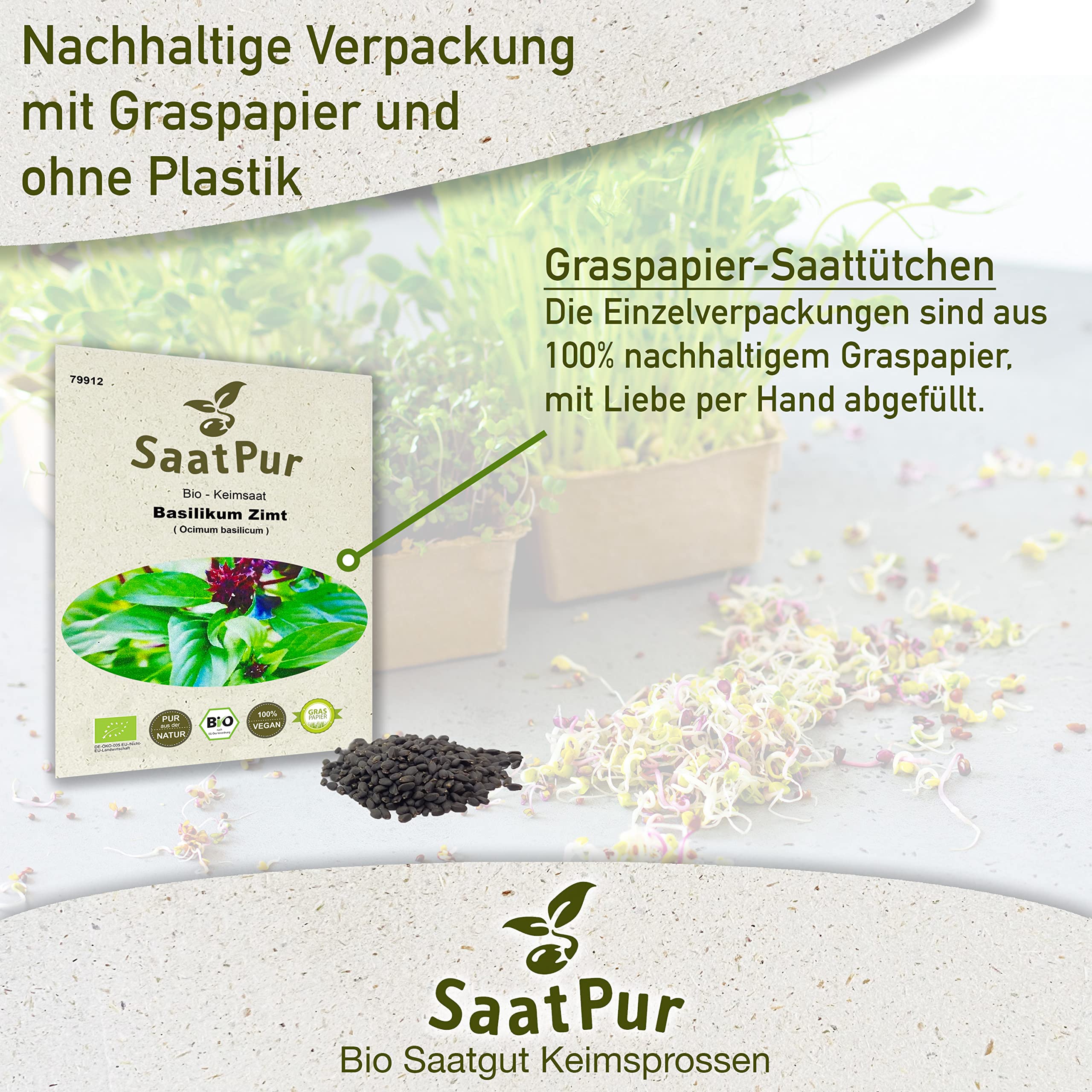 Bio Sprossen Samen Basilikum Zimt - 100% Bio Keimsprossen - Microgreens mit hoher Keimkraft - Kleines Tray mit 40 Portionstüten je 5g