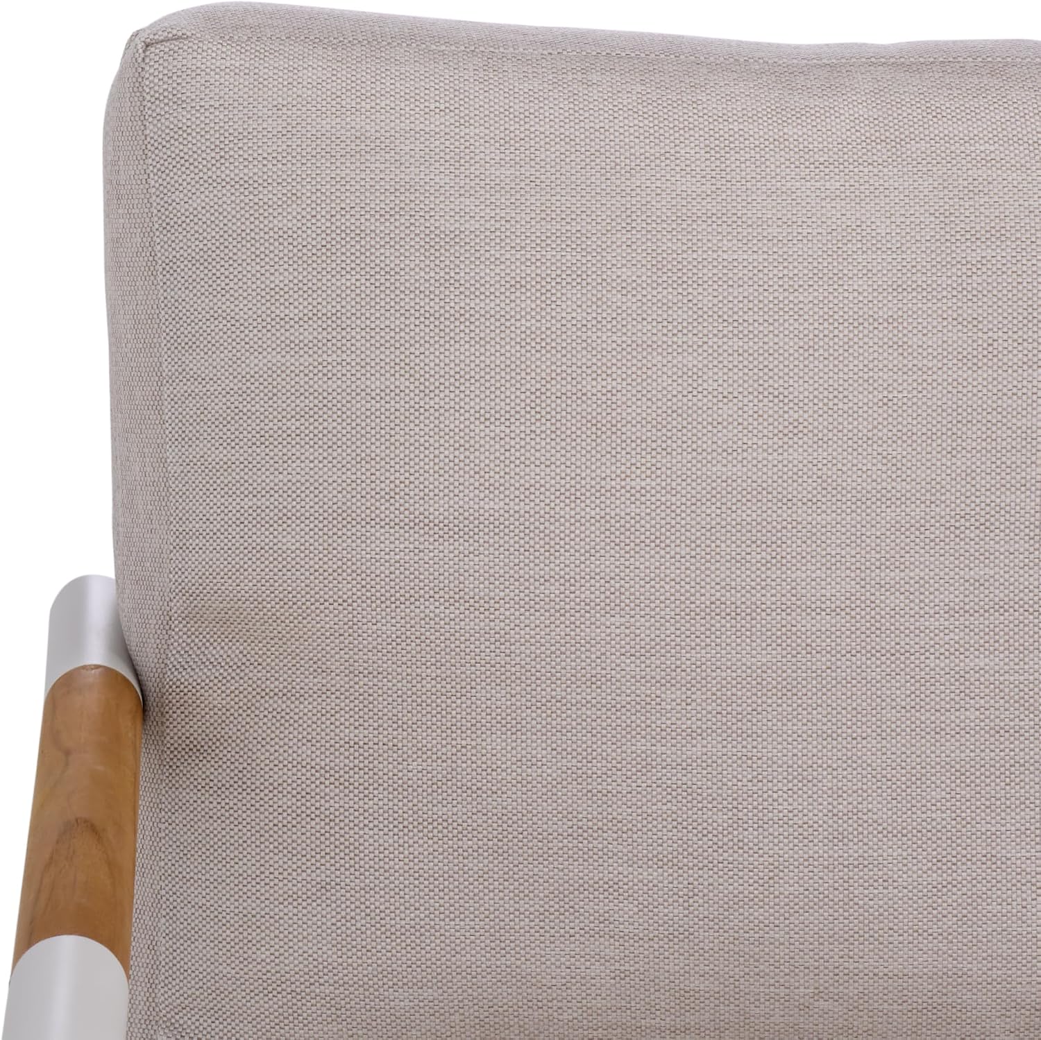 SAFAVIEH Couture Outdoor Patio Furniture Collection - Chryssa 3-Seater Sofa, White Aluminum Frame with Natural Teak Wood Armrests & Beige Cushions (CPT4008A)