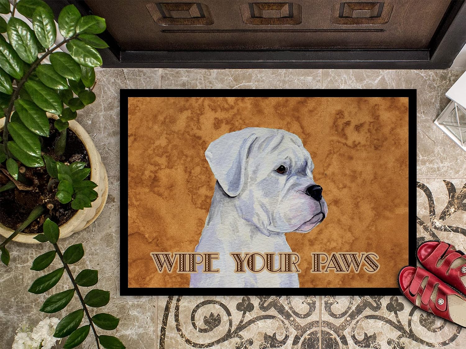 Caroline's Treasures SS4887MAT White Boxer Wipe Your Paws Doormat 18x27 Front Door Mat Indoor Outdoor Rugs for Entryway, Non Slip Washable Low Pile, 18H X 27W