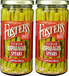 Foster's Hot Pickled Asparagus Spears Spicy Red Pepper 16oz 2-Pack - Gluten-Free Low-Calorie Snack, Fat & Preservative Free
