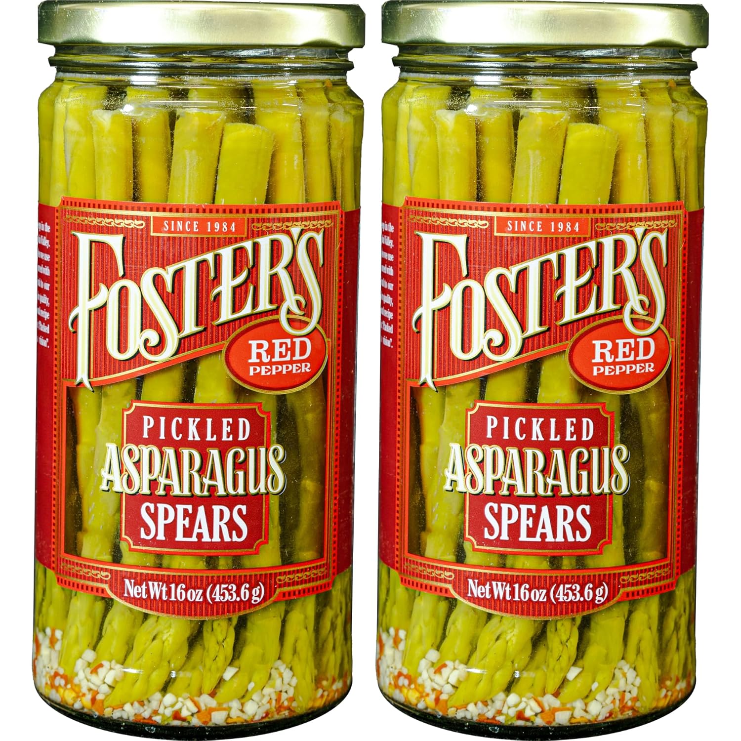 Foster's Hot Pickled Asparagus Spears Spicy Red Pepper 16oz 2-Pack - Gluten-Free Low-Calorie Snack, Fat & Preservative Free