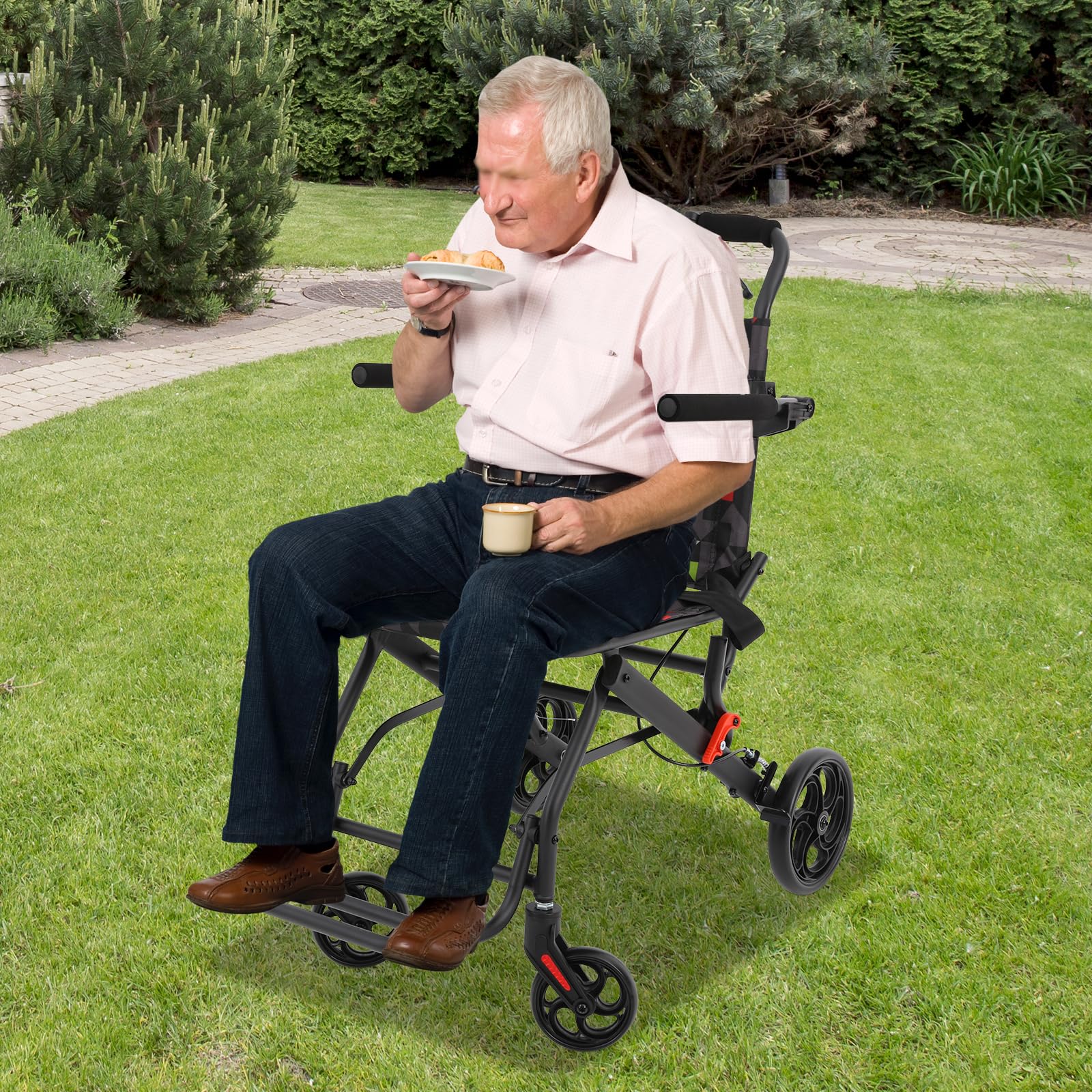 Sedia a rotelle pieghevole, portatile, pieghevole, con poggiapiedi, portata 100 kg, stabile e compatta, ideale per anziani e in viaggio