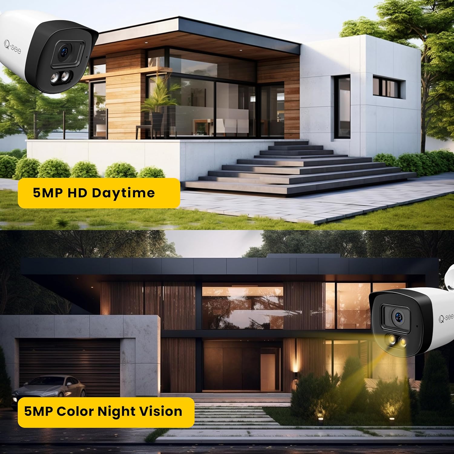 Comparison image showing a house in daylight with 5MP HD and the same house at night with 5MP Color Night Vision.