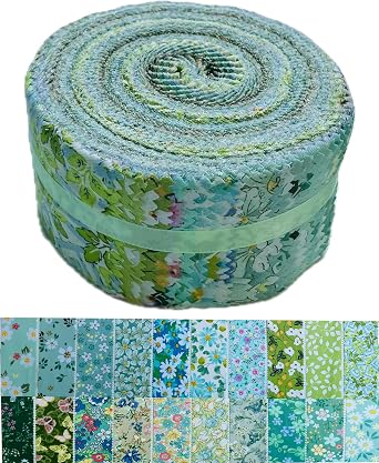 Jelly Roll Fabric 100% Cotton Quilting Fabric, 40 Pre-Cut Strips 2.5 x 44 Inch for Quilting and Sewing - 20 Assorted Floral Prints- Green Mood