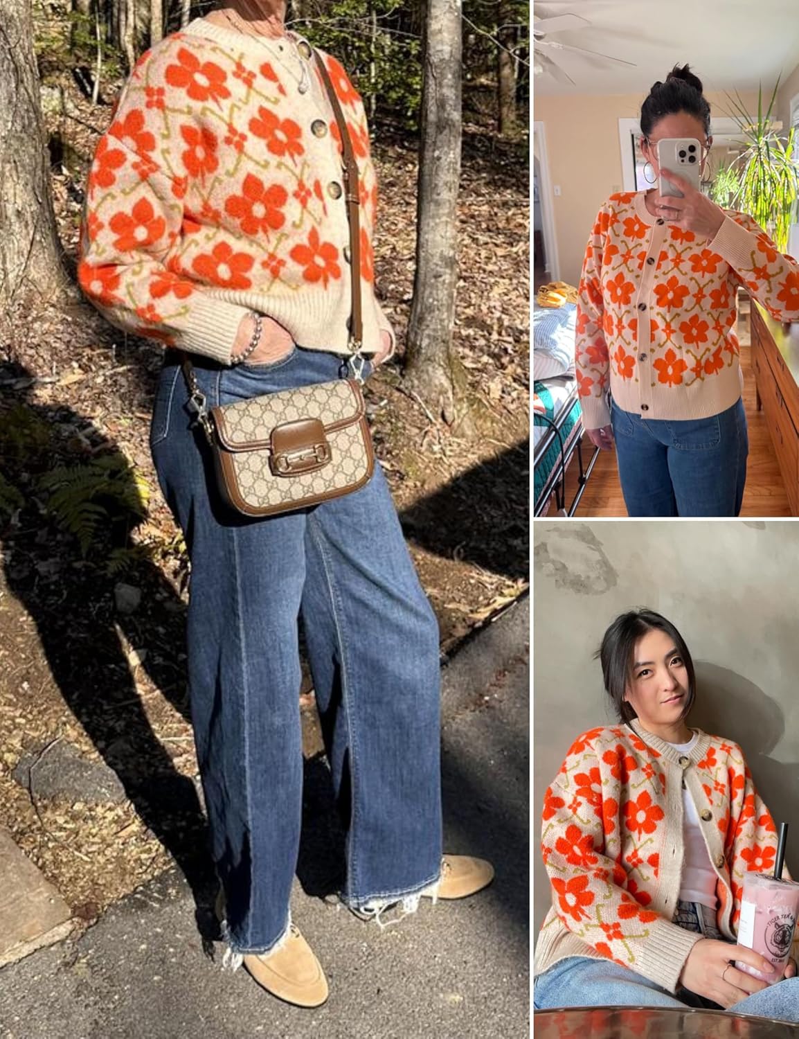 Women Floral Cardigan Sweater Open Front Long Sleeve Button Down Knit Sweater Vintage Outerwear - Image 4