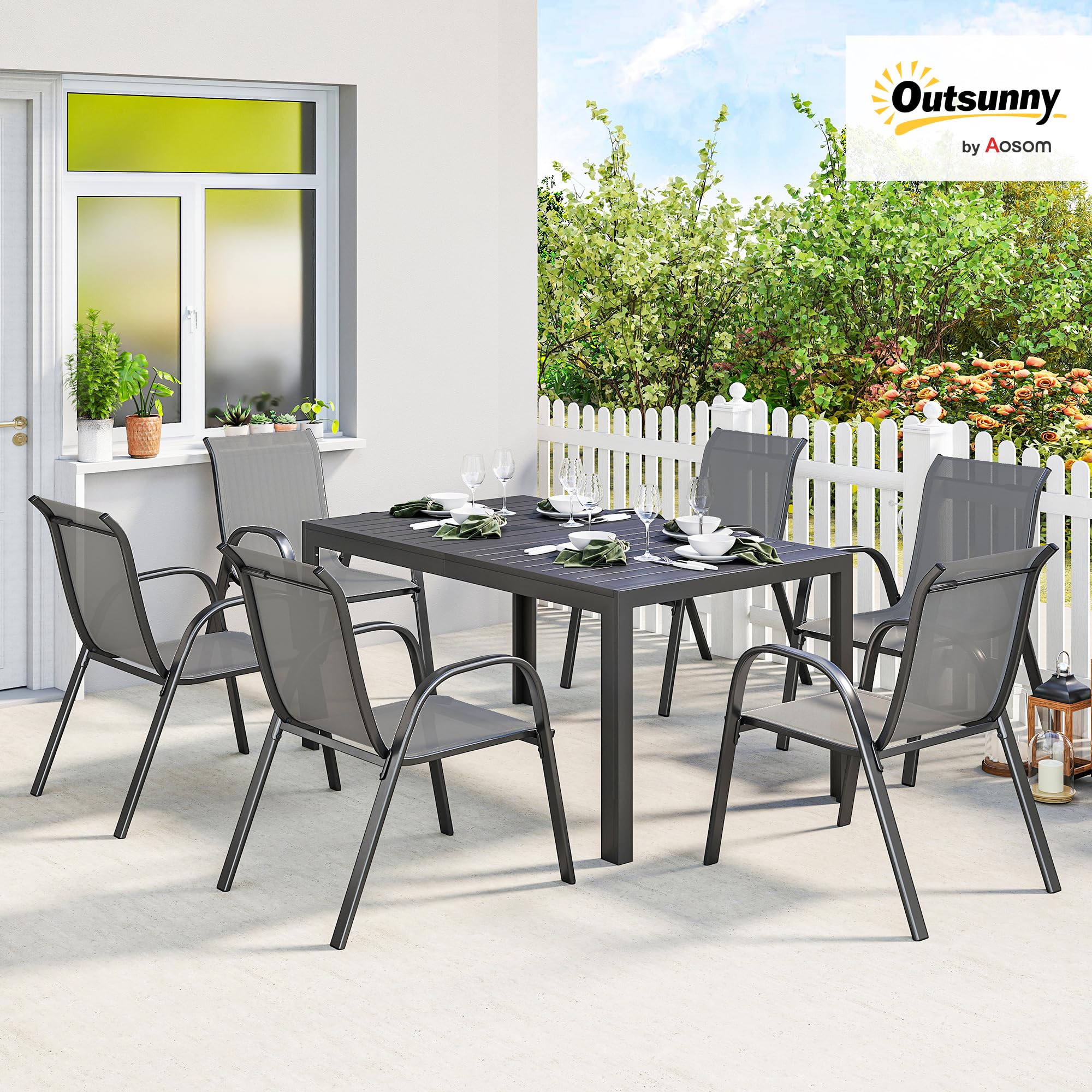 Outsunny Salon de Jardin extérieur 7 pièces, Table de Jardin extérieure avec 6 chaises empilables, Plateau à Lattes 150 cm, Structure en Acier Anti-Rouille, mobilier de Jardin, terrasse, Gris Clair