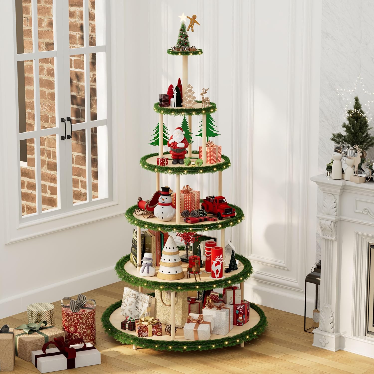 72" Christmas Village Display Stand – 6-Tier Wooden Tree Shelf with Round Display Platforms, Rustic Holiday Décor for Christmas Village, Figurines & Collectibles