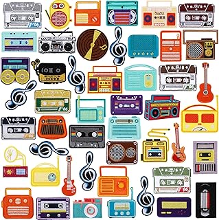 48 Pcs Music Style Patches Stickers Music Theme Iron on Patches Tape Radio Guitar Headphone Note Embroidery Vintage Patches Sew on Applique Patches for Clothes Hats Backpack Clothes DIY Accessory