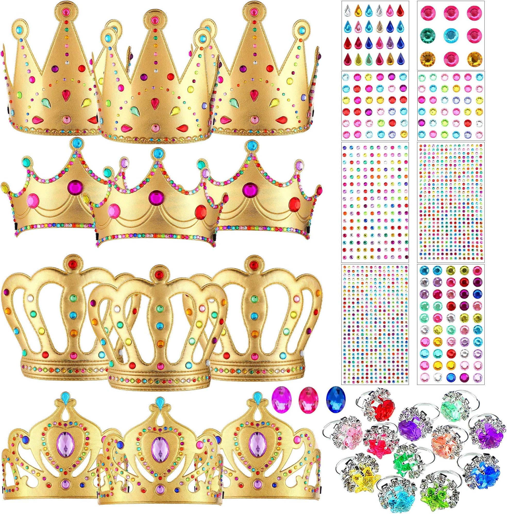 MTLEE 12 Pieces Foam Princess Tiaras Crown for Kids 928 Pieces Gem Stickers 12 Gem Rings Craft Making Kits Birthday Party Favors