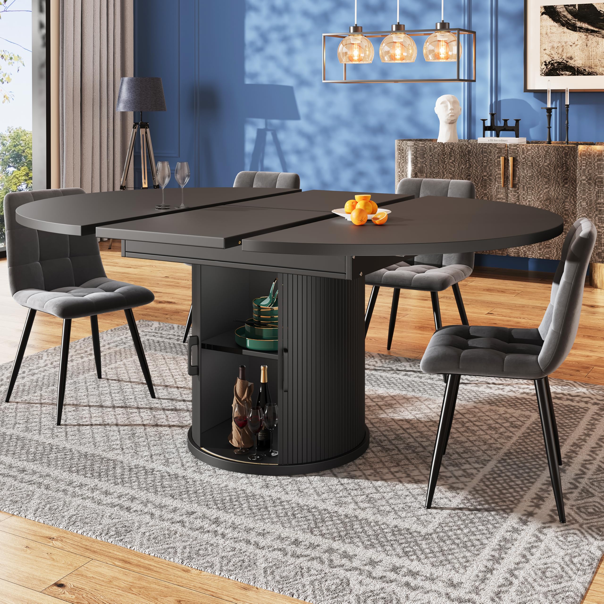 Table à manger ronde extensible ovale noire meuble gain de place cuisine 6 places