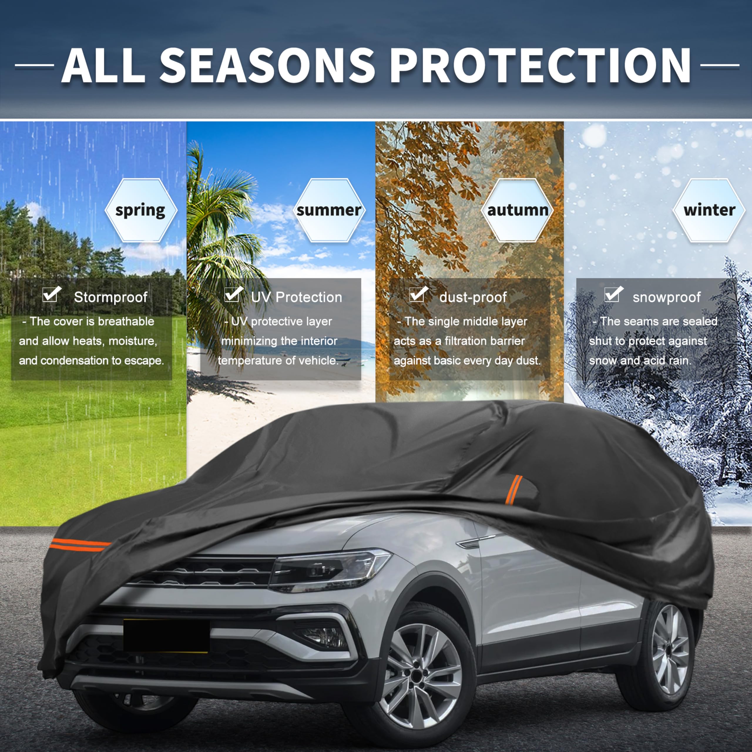 A ABSOPRO Funda De Coche para VW T-Cross 2018-2024 1Pc Negro Impermeable | Peva, Algodón Spunlace, Impermeable, A Prueba De Viento, Cremallera, Transpirable, Exterior, Todo Clima