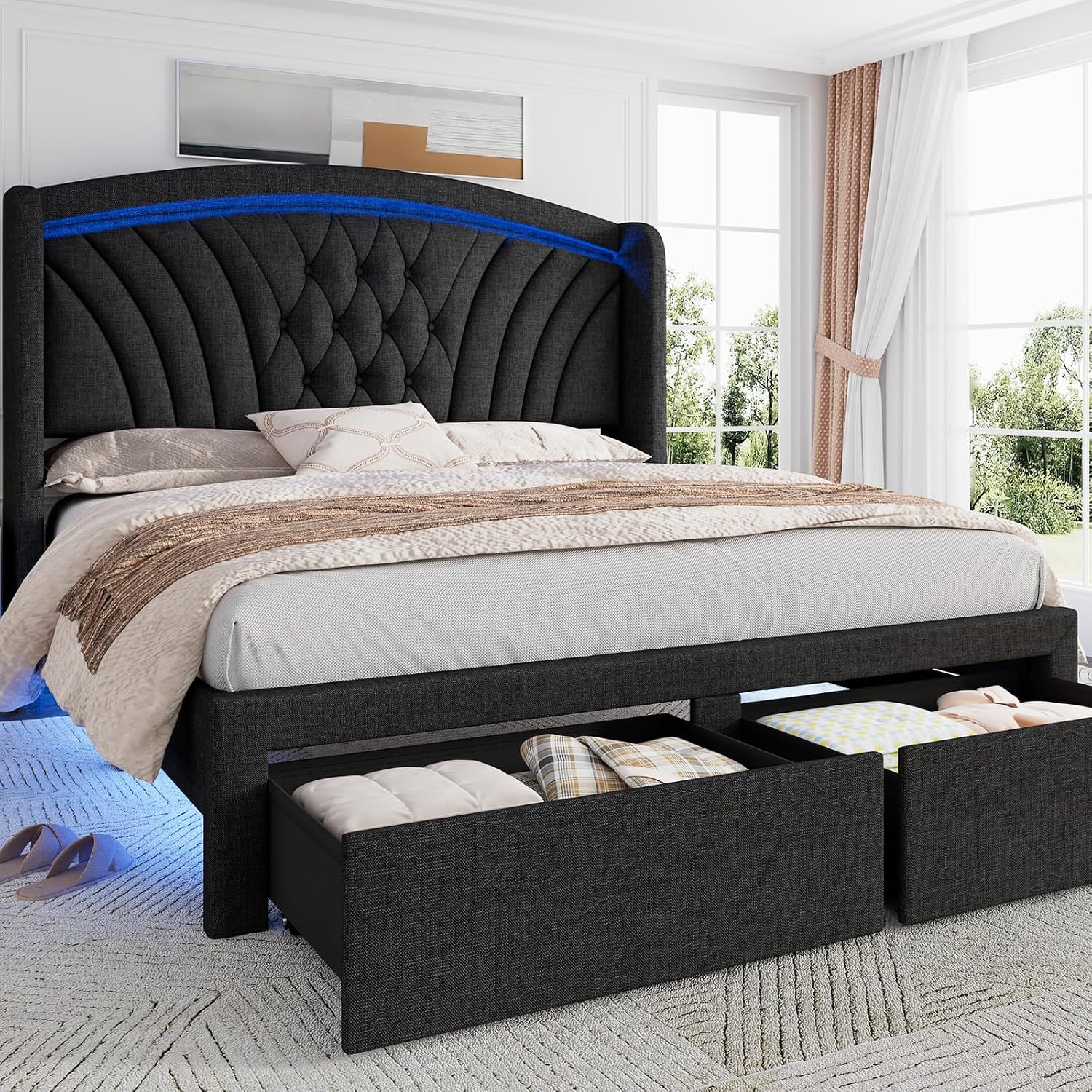Queen Size Bed Frame with 2 Storage Drawers Wingback Upholstered Headboard LED Bed Frame Solid Wooden Slats Support No Box Spring Needed