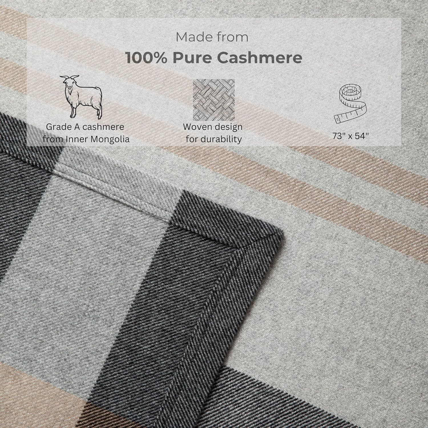 Jet&Bo 100% Pure Cashmere Throw Blanket for Couch, Sofa, & Bed, Ultra Soft Woven Cashmere Blanket Throw, Large Full Size 73”x53”, Gray & Beige Stripe Pattern - Image 4