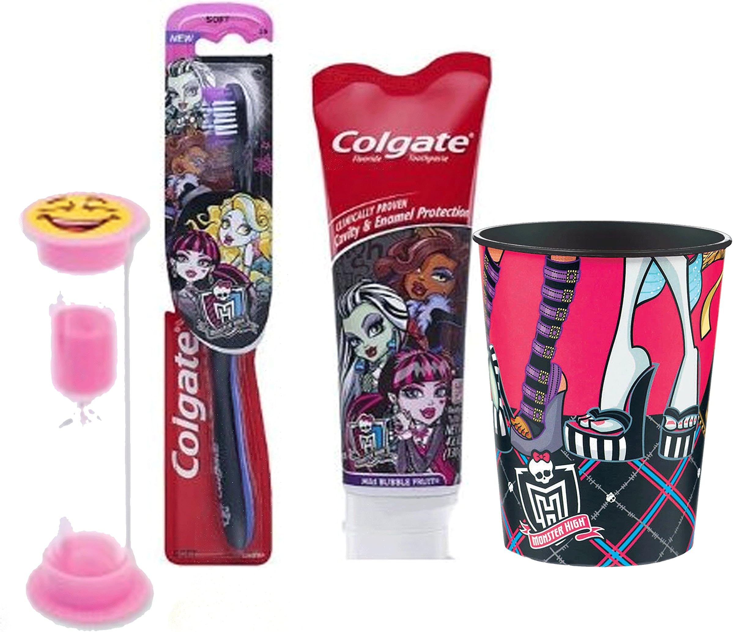 Monster High Inspired 4pc Bright Smile Oral Hygiene Set! Monster High Soft Manual Toothbrush, Toothpaste, Mouthwash Rinse Cup & Brushing Timer!