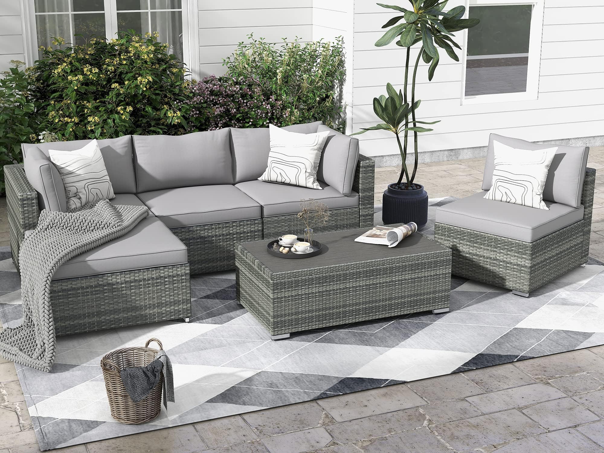 Patio Furniture Sets 6 Pieces Outdoor Sectional Sofa, Hand-Woven Wicker Patio Conversation Set with Coffee Table,Backyard Sets with Washable Cushions for Deck Garden(Grey)