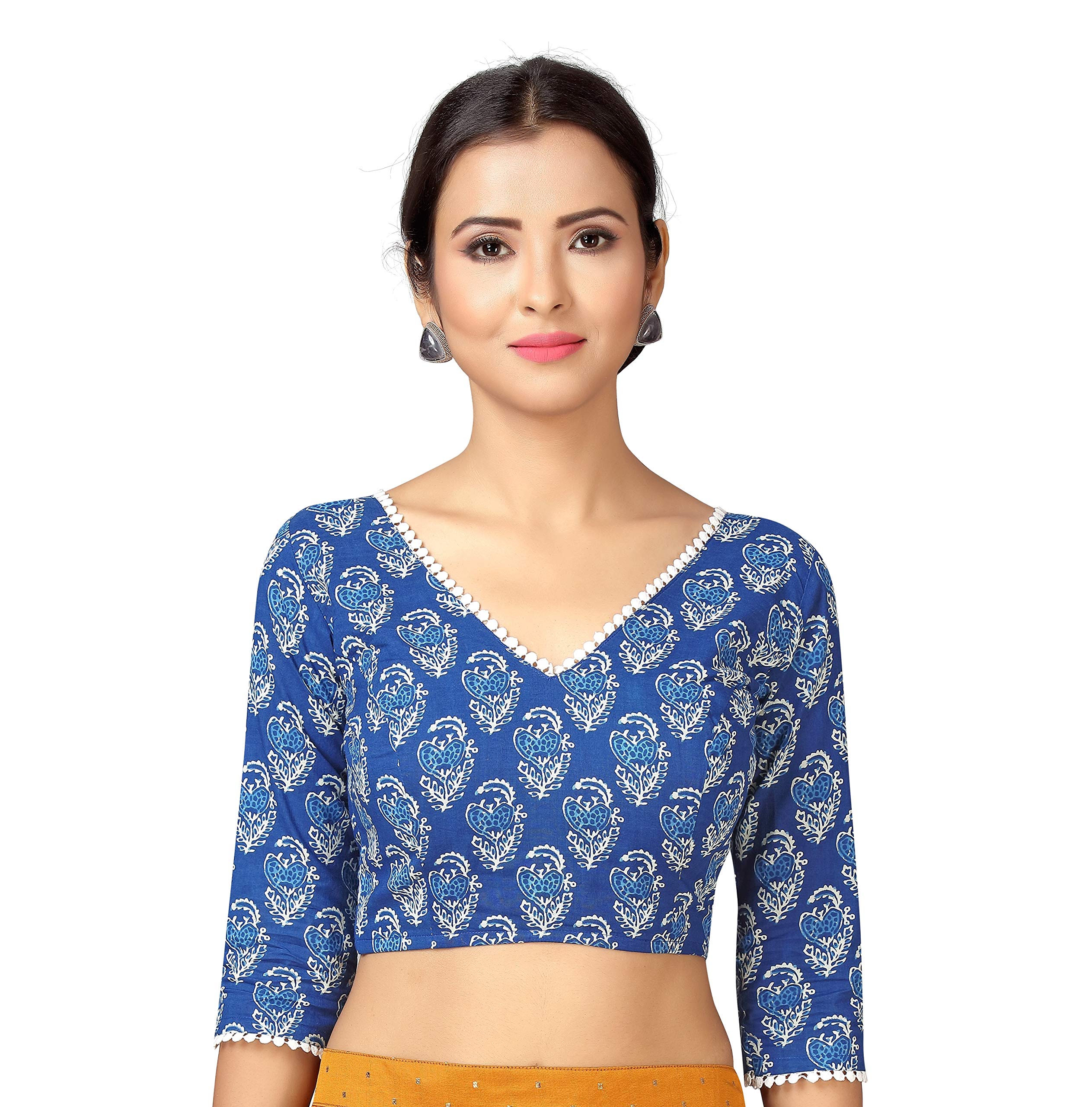studio shringaar Women's Readymade Indigo Blue Block Printed 3/4 Sleeves Cotton Saree Blouse-picture-36