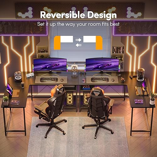 Miniatura 37 de CubiCubi Escritorio en forma de L de 59 pulgadas con puertos de carga USB y luces LED, escritorio de esquina para computadora con cajón y estante de