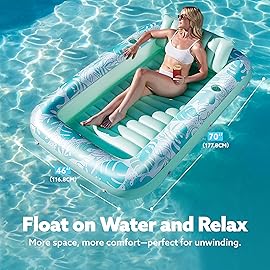 SLOOSH Inflatable Tanning Pool Lounger Float, 70 x 46 Pool Floats Adult with Pillow, 4 in 1 Suntan Tub Raft Floatie,Sunbathing Bed Lounge for Water Blow Up Kids Ball Pit Party Gifts, L-Cyan White