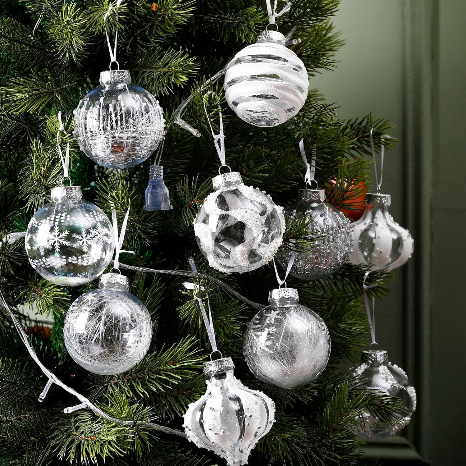 24 Pieces Clear Glitter Christmas Ball Ornaments Set 80mm/3.15 Inch Large White and Clear Christmas Balls Rustic Shatterproof Farmhouse Xmas Hanging Decorations for Christmas Tree(White)