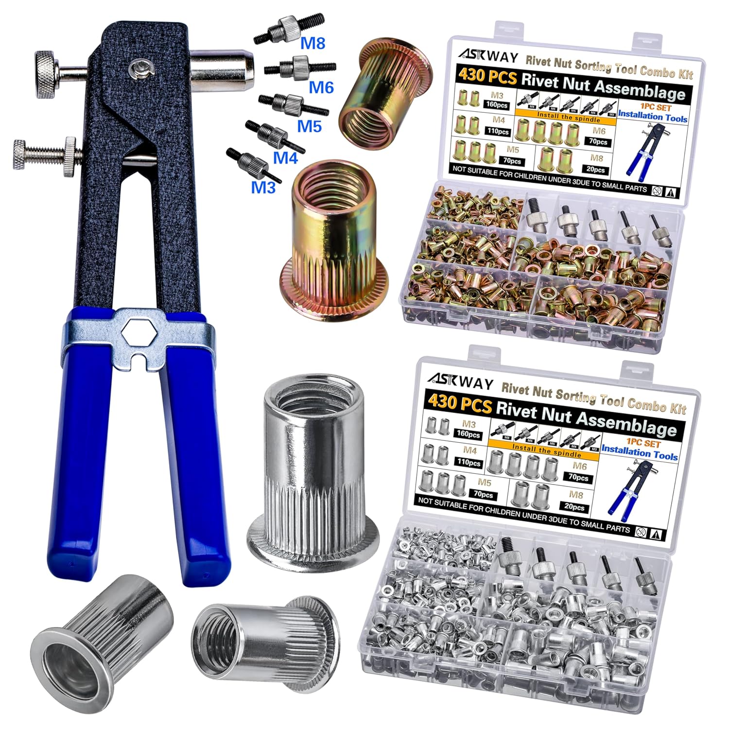 Carbon Steel & Aluminum Alloy Rivet Nuts, 860PCS Rivet Nut Tool Set, Two Materials of Rivet Nuts for Various Applications