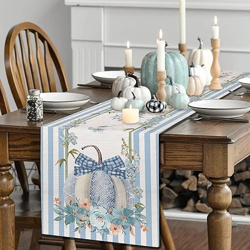 Miniatura 6 de Camino de mesa para el día de Acción de Gracias, 13 x 72 pulgadas, ramas de hojas de calabaza azul para mesas de comedor, rayas azules, camino de