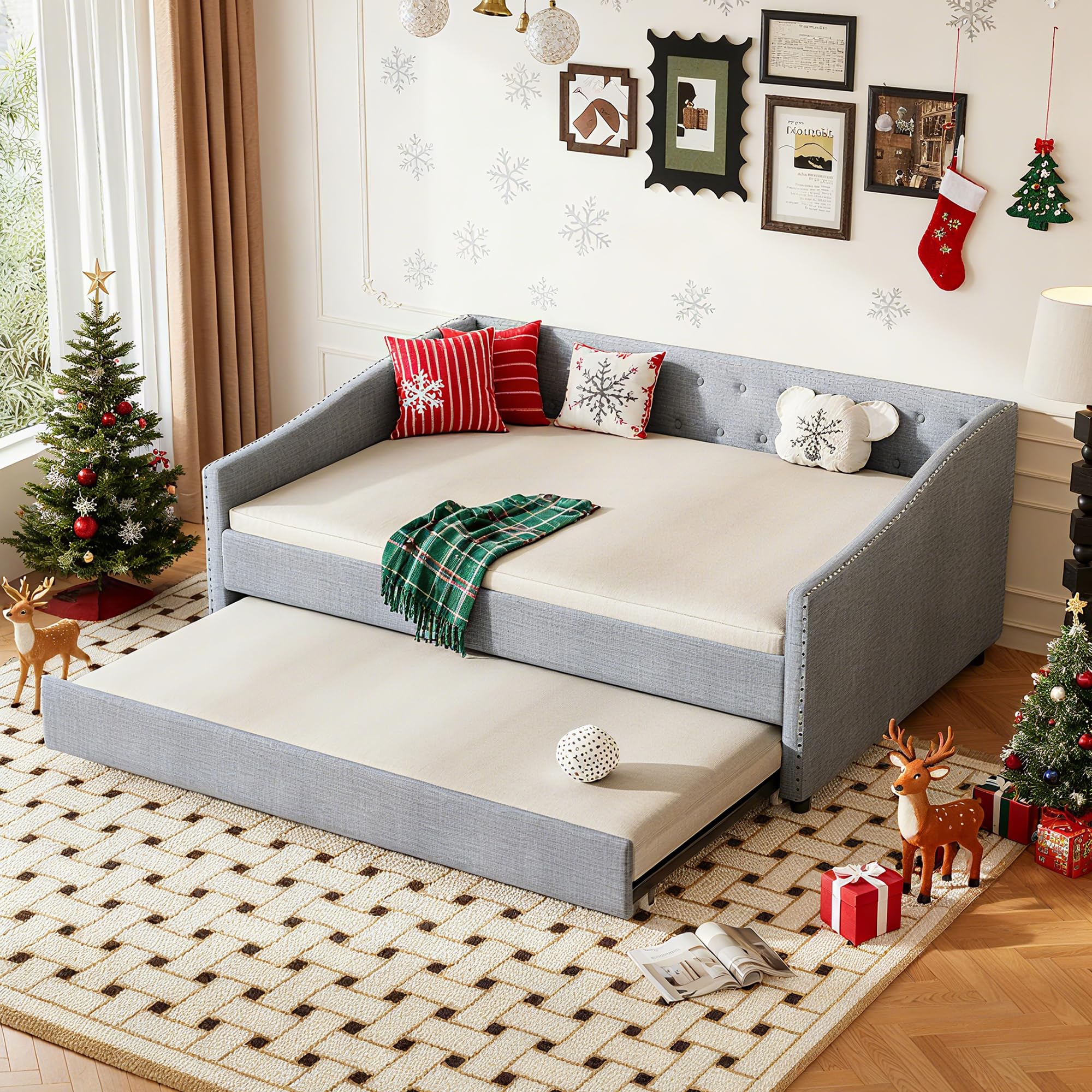 Full Size Upholstered Daybed with Trundle,Tufted Day Bed w/Button on Back and Piping on Waved Shape Arms for Bedroom Guest Room, No Box Spring Needed,Light Grey