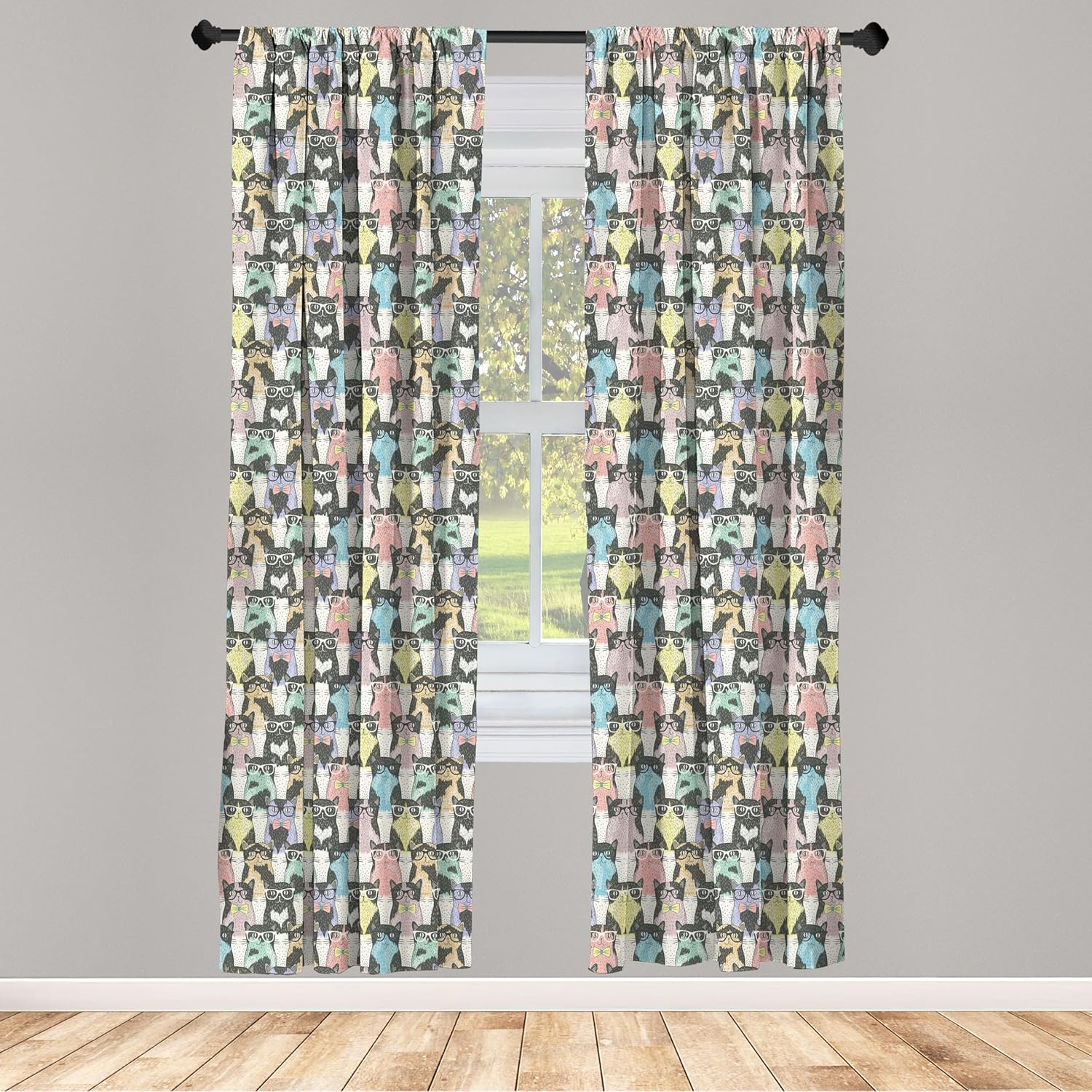 Ambesonne Cat Curtains, Pattern with Hipster Playful Feline Characters with Glasses and Bowties Vintage Style, Window Treatments 2 Panel Set for Living Room Bedroom, Pair of - 28" x 95", Dimgrey