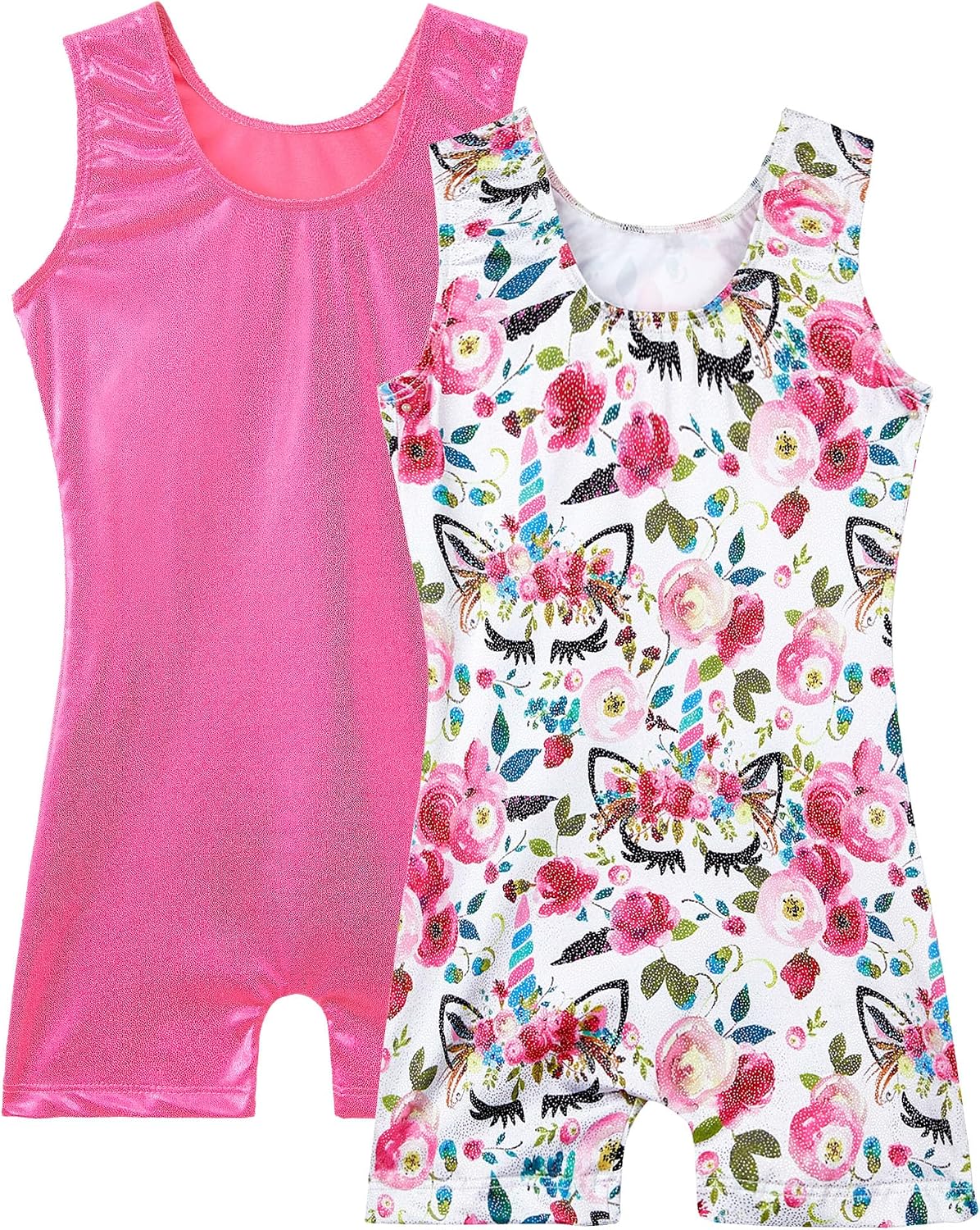 2 Pack Gymnastics Leotards for Girls 3t 4t Sparkly Unicorn Print and Hotpink Sleeveless Tumbling Biketard image 2