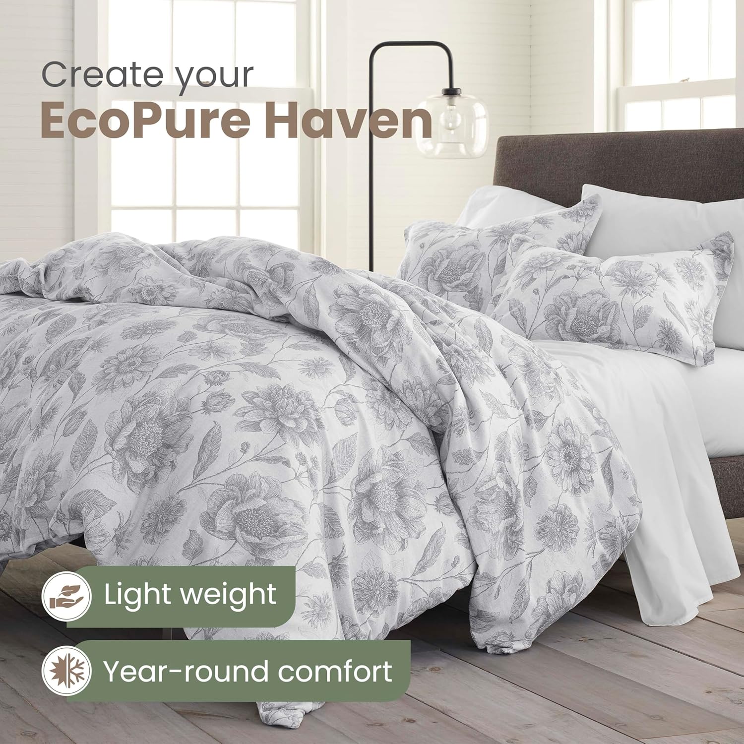 martex ecopure comfort wash 3-piece print full/queen comforter set – 100% organic cotton - all-season - breathable & lightweight – easy care - meadow walk meadow walk grey full/queen