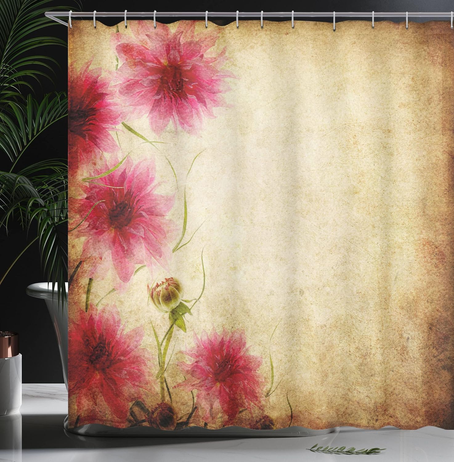 Ambesonne Floral Shower Curtain, Retro Flowers on Old Grunge Paper Background Nostalgic Background Bouquet Print, Cloth Fabric Bathroom Decor Set with Hooks, 69" W x 75" L, Sand Brown