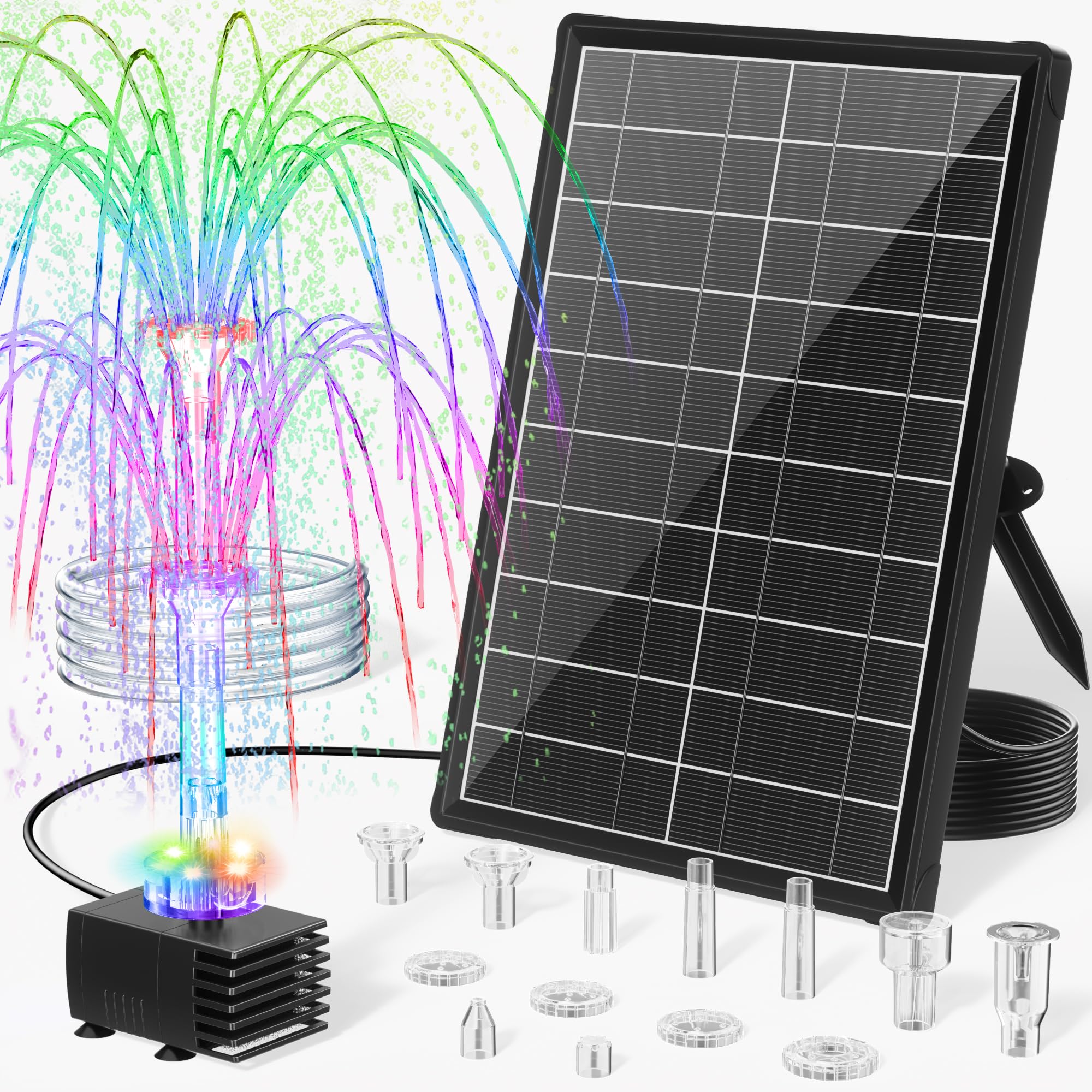 POPOSOAP Solar Springbrunnen mit 4200mAh Akku, Bunte LED-Leuchten & Fernbedienung, Solarbrunnen für Vogelbad, Aquarium, Gartenteich und Außenwasserfunktionen